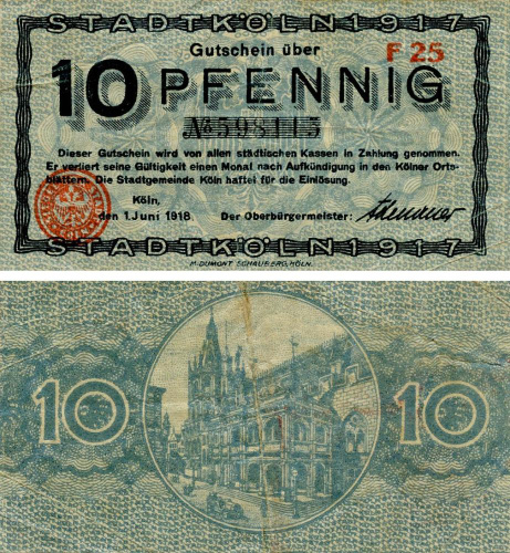 фото Германия Нотгельд  10 пфеннигов 1918  F-VF Кёльн