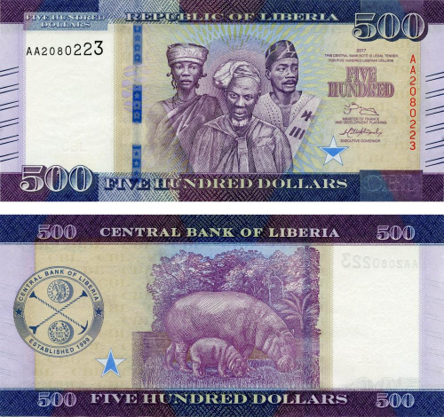 фото Либерия 500 долларов 2017 UNC Бегемот Гиппопотам (P36)