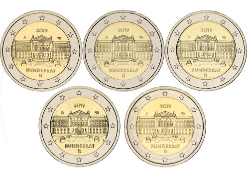 фото Германия набор из 5 монет по 2 евро 2019 UNC A, D, F, G, J Бундесрат