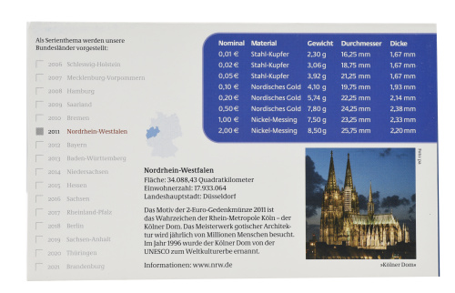 фото Германия набор из 9 монет евро 2011 UNC J 1, 2, 5, 10, 20, 50 евроцентов, 1, 2 евро, памятная 2 евро Блистер