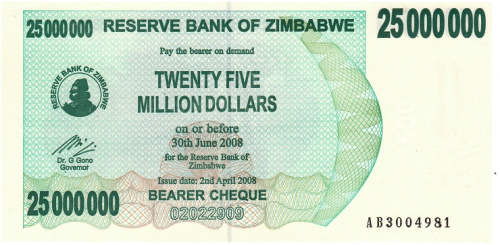 фото Зимбабве 25000000 долларов 2008 UNC Чек (P56)