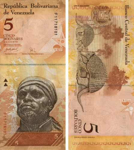 фото Венесуэла 5 боливар 2007 UNC Гигантский броненосец (P89a)