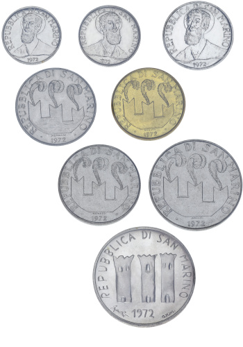 фото Сан-Марино набор из 8 монет 1972 UNC 1, 2, 5, 10, 20, 50, 100, 500 лир (серебро)