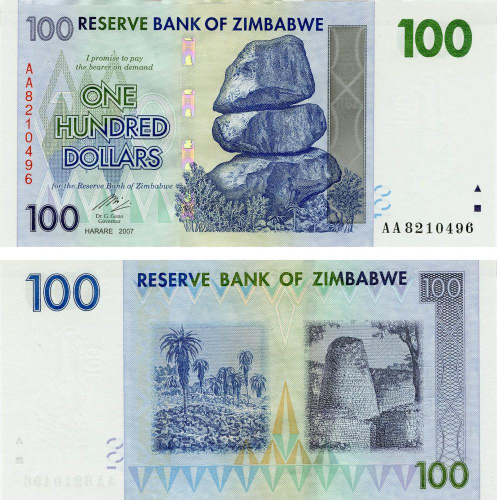фото Зимбабве 100 долларов 2007 UNC (P69)