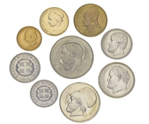 фото Греция набор из 9 монет 1976-1980 UNC 10, 20, 50 лепта 1, 2, 5, 10, 20, 50 драхма