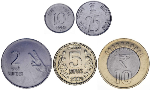 фото Индия набор из 5 монет 1990-2011 F-VF 10, 25 пайса, 2, 5, 10 рупий