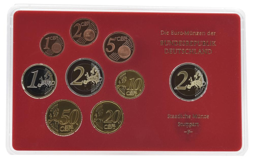 фото Германия набор из 9 монет евро 2009 UNC F 1, 2, 5, 10, 20, 50 евроцентов, 1, 2 евро, памятная 2 евро Блистер