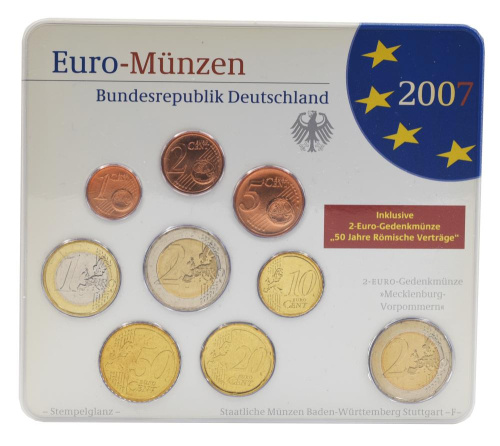 фото Германия набор из 9 монет евро 2007 UNC F 1, 2, 5, 10, 20, 50 евроцентов, 1, 2 евро, памятная 2 евро Блистер