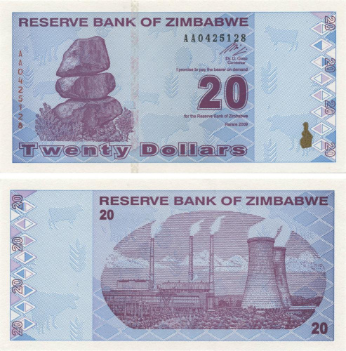 фото Зимбабве 20 долларов 2009 UNC (P95)
