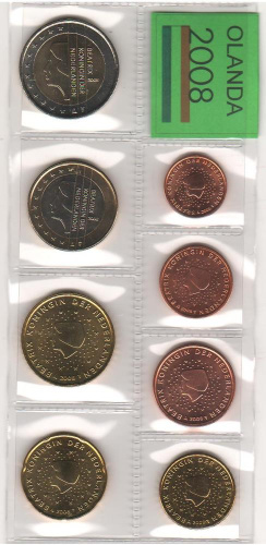 фото Нидерланды набор из 8 монет евро 2008 UNC 1, 2, 5, 10, 20, 50 евроцентов, 1, 2 евро