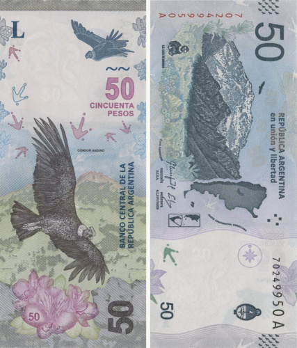 фото Аргентина 50 песо 2018 UNC Птица - Кондор (P363)