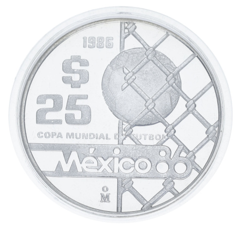 фото Мексика 25 песо 1986 Серебро Proof Чемпионат мира по футболу в Мексике в 1986 году - Мяч в воротах