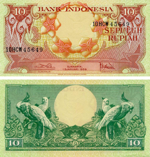 фото Индонезия 10 рупий 1959 UNC Птицы - Попугаи (P66)