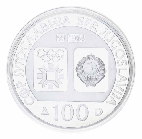 фото Югославия 100 динаров 1984 Серебро Proof XIV зимние Олимпийские игры в г. Сараево 1984 - Конькобежный спорт
