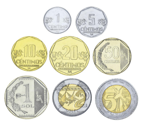 фото Перу набор из 8 монет 2010-2022 UNC 1, 5, 10, 20, 50 сентим, 1, 2, 5 солей