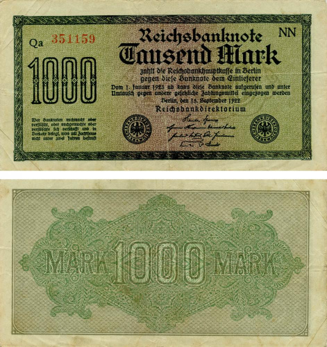 фото Германия 1000 марок 1922 VF-AU (P76)