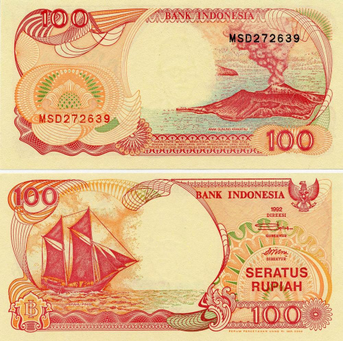 фото Индонезия 100 рупий 1992 UNC Парусник (P127)