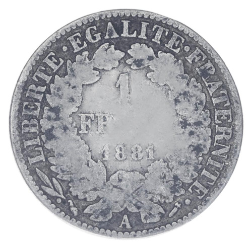 фото Франция 1 франк 1881 Серебро F-VF