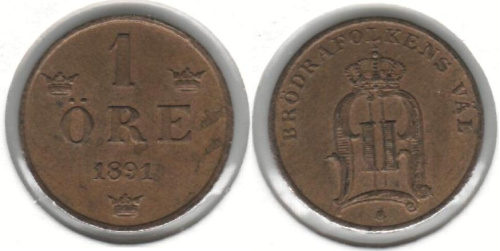 фото Швеция 1 эре 1891 VF (KM#750)