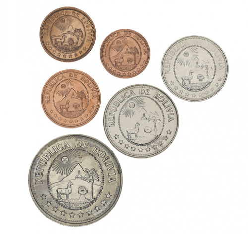 фото Боливия набор из 6 монет 1951-1980 AU-UNC 5, 10, 20, 50 сентаво, 1, 5 боливиано
