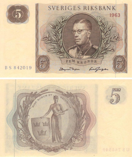 фото Швеция 5 крон 1963 UNC (P42)