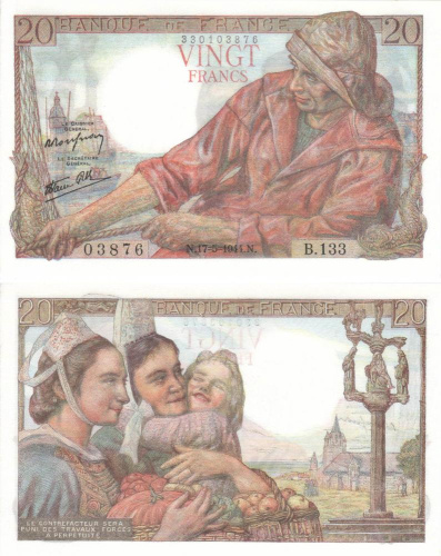 фото Франция 20 франков 1944 UNC (P100a)
