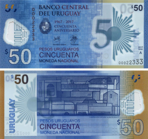 фото Уругвай 50 песо 2017 Полимер Памятная UNC (P100)