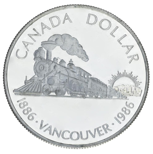 фото Канада 1 доллар 1986 Серебро F-VF Поезд Паровоз - 100 лет городу Ванкувер (Ag 500, 23,32 грамма)