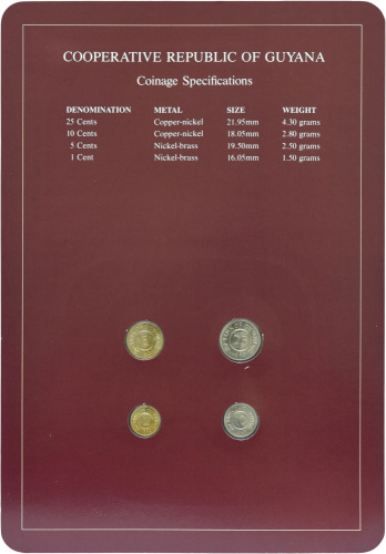 фото Гайана Набор из 4 монет 1982-1985 UNC 1, 5, 10, 25 центов и 1 марка в сувенирной упаковке