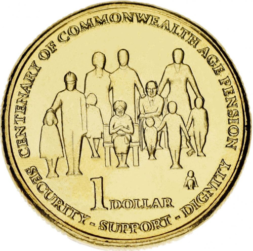 фото Австралия 1 доллар 2009 UNC 100 лет содружеству по пенсиям по возрасту