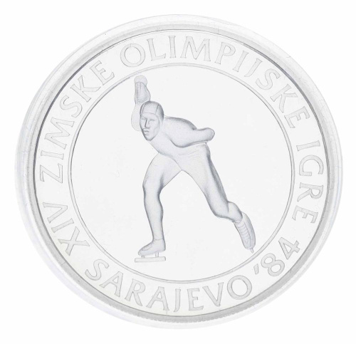 фото Югославия 100 динаров 1984 Серебро Proof XIV зимние Олимпийские игры в г. Сараево 1984 - Конькобежный спорт