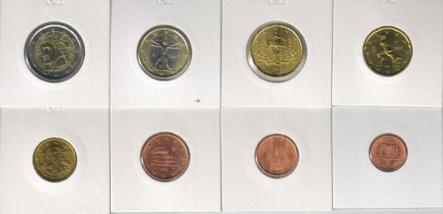 фото Италия набор из 8 монет евро 2002 UNC 1, 2, 5, 10, 20, 50 евроцентов, 1, 2 евро