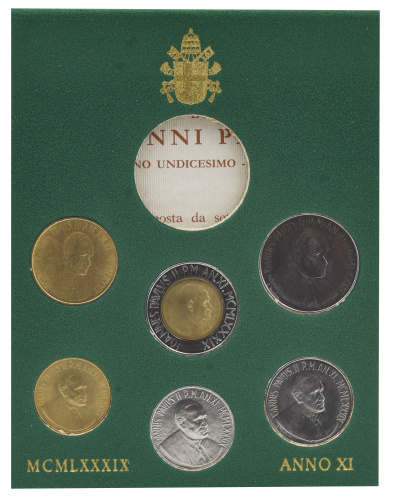 фото Ватикан набор из 6 монет 1989 AU-UNC Римский папа - Иоанн Павел II 10, 20, 50, 100, 200, 500 (биметалл) лир