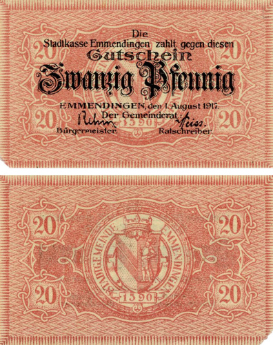 фото Германия Нотгельд  20 пфеннигов 1917  F-VF Эммендинген