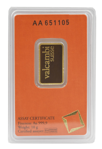 фото Швейцария Инвестиционный золотой штампованный слиток Золото Au 999,9 10 грамм Valcambi