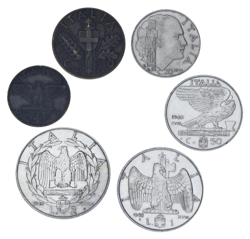 фото Италия набор из 6 монет 1939-1942 F-VF 5, 10, 20, 50 чентезимо, 1, 2 лир