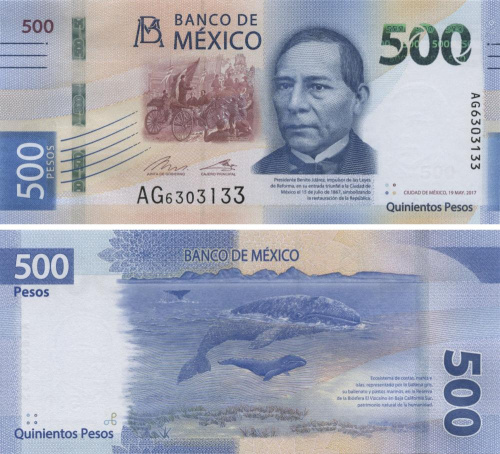 фото Мексика 500 песо 2017 UNC Киты (P126)
