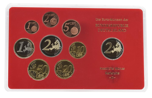 фото Германия набор из 9 монет евро 2009 UNC G 1, 2, 5, 10, 20, 50 евроцентов, 1, 2 евро, памятная 2 евро Блистер