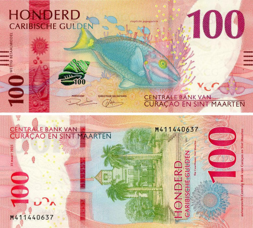фото Кюрасао и Синт-Мартен 100 гульденов 2025 UNC Рыба-попугай (P4)