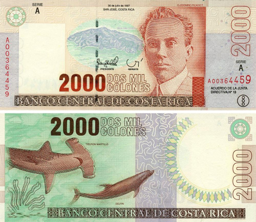 фото Коста-Рика 2000 колонов 1997 UNC Тупорылая акула Дельфин (P265a)
