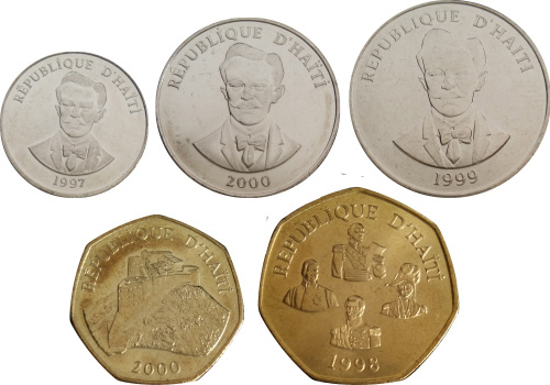 фото Гаити набор из 5 монет 1995-2011 UNC 5, 20, 50 сантимов, 1, 5 гурдов