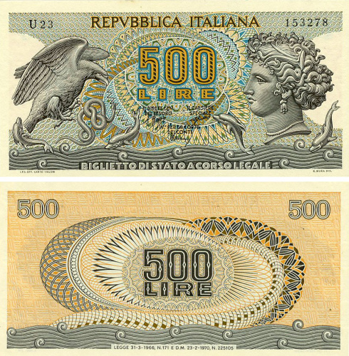 фото Италия 500 лир 1970 UNC (P93a)