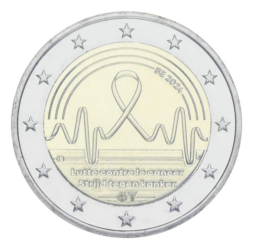 фото Бельгия 2 евро 2024 Биметалл UNC Борьба с раком в сувенирной упаковке