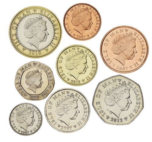 фото Остров Мэн набор из 8 монет 2007-2012 UNC 1, 2, 5, 10, 20, 50, пенсов, 1, 2 фунта