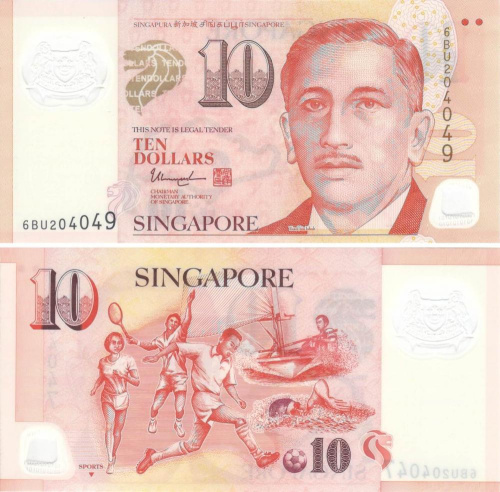 фото Сингапур 10 долларов 2005 UNC треугольник (P48d)