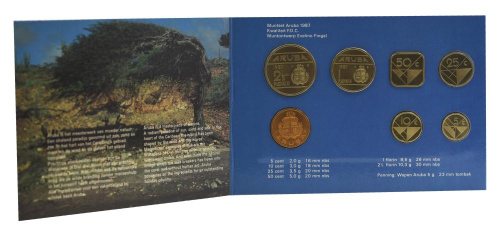 фото Аруба набор из 7 монет 1987 UNC 5, 10, 25, 50 центов, 1, 2,5 флорина, жетон в сувенирной упаковке