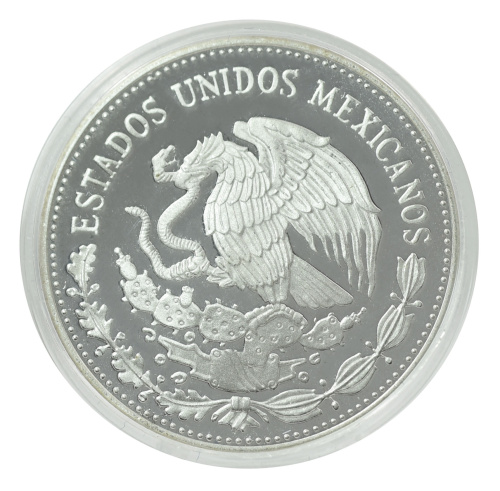 фото Мексика 50 песо 1985 Серебро Proof Чемпионат мира по футболу в Мексике в 1986 году - Индеец с мячом