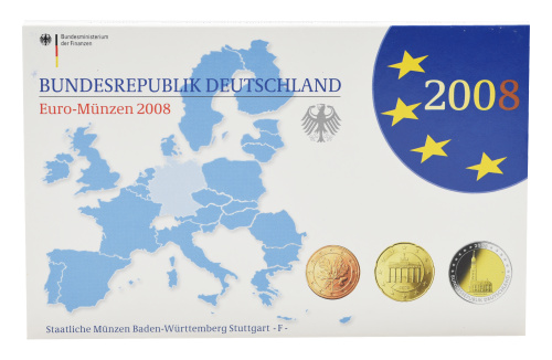 фото Германия набор из 9 монет евро 2008 UNC F 1, 2, 5, 10, 20, 50 евроцентов, 1, 2 евро, памятная 2 евро Блистер