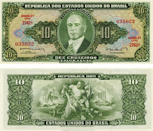фото Бразилия 10 крузейро 1962 UNC Зеленая (P177)
