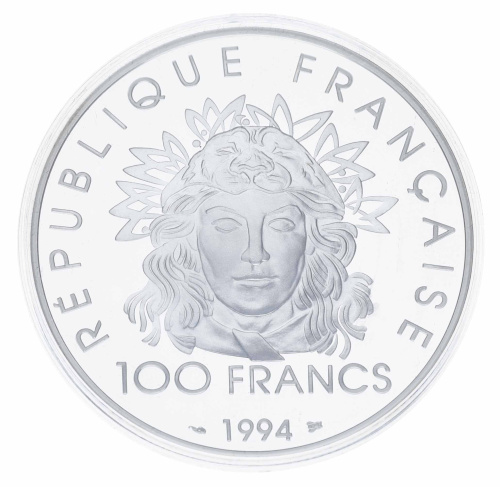 фото Франция 100 франков 1994 Серебро Proof 100 лет Олимпийским играм - Метание копья (Ag 925, 33,63 грамма)
